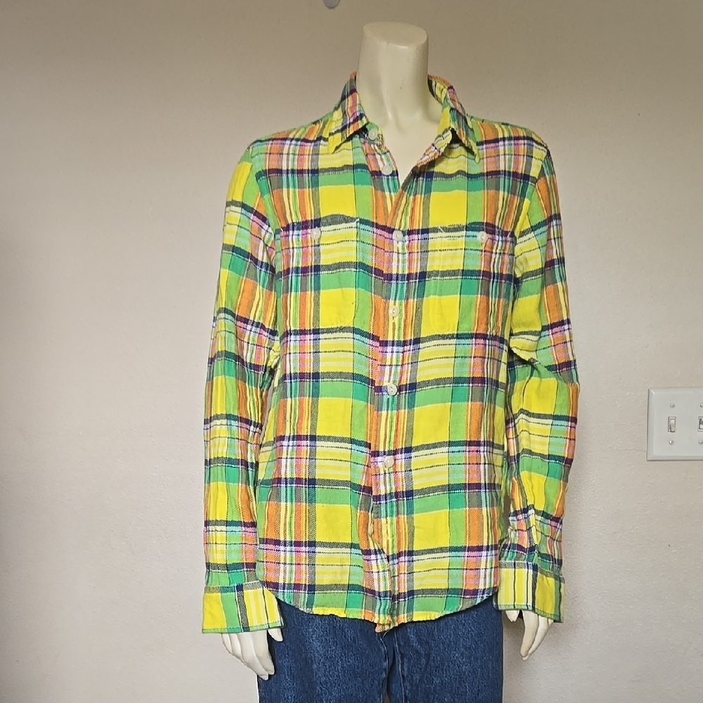 Vibrant Yellow and Green Casual Plaid Shirt